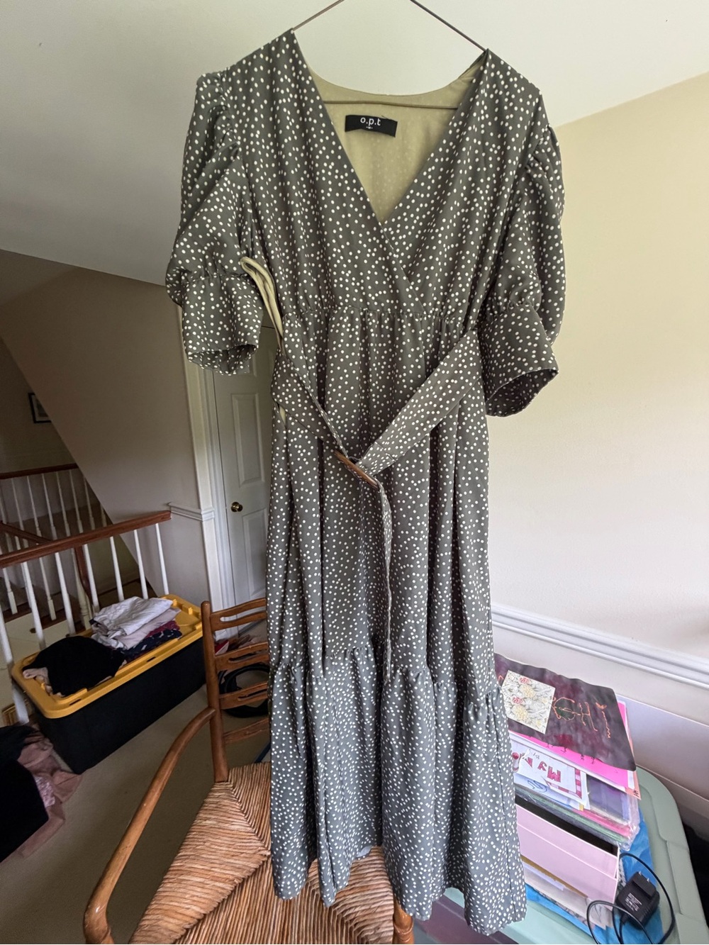 ODI Olive Green Polka Dot Midi Wrap Dress with Puff Sleeves